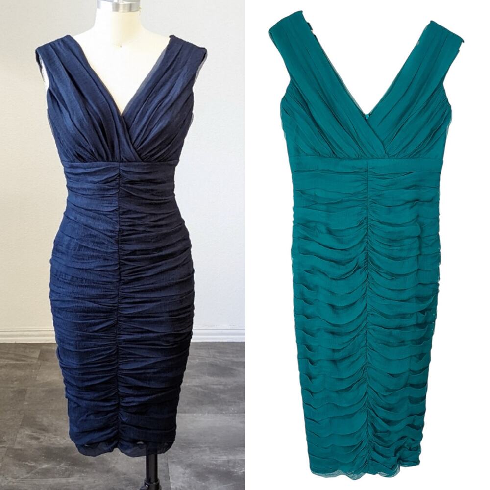 Tadashi 100% Silk Ruched Cocktail Dress Sleeveless V-Neck | Teal Green | SZ 5